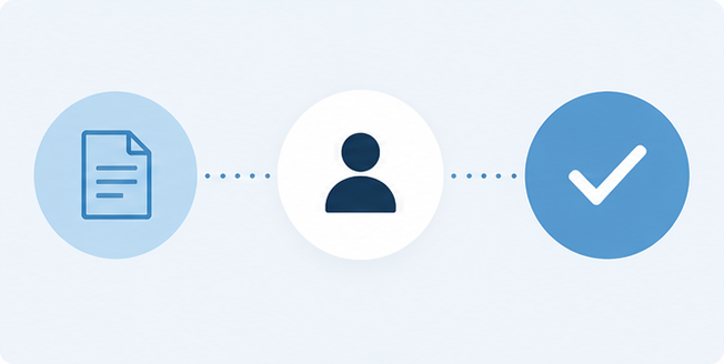 A document, a person and a check mark illustrating the application process